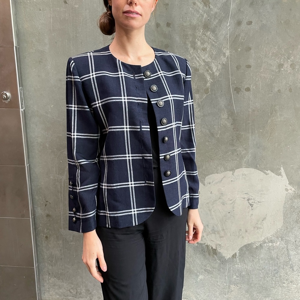 Vtg Yves Saint Laurent Womens Plaid Navy Blazer